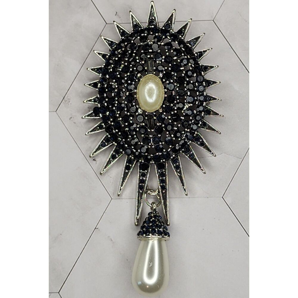 Badge Style Spiky Brooch Water Drop Faux Pearl and Navy Blue Rhinestone